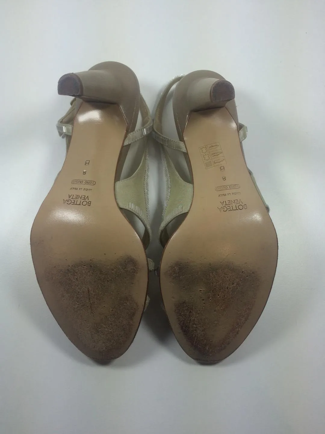 BOTTEGA VENETA Taupe Satin and Leather Beaded Slingback Heels Size 8