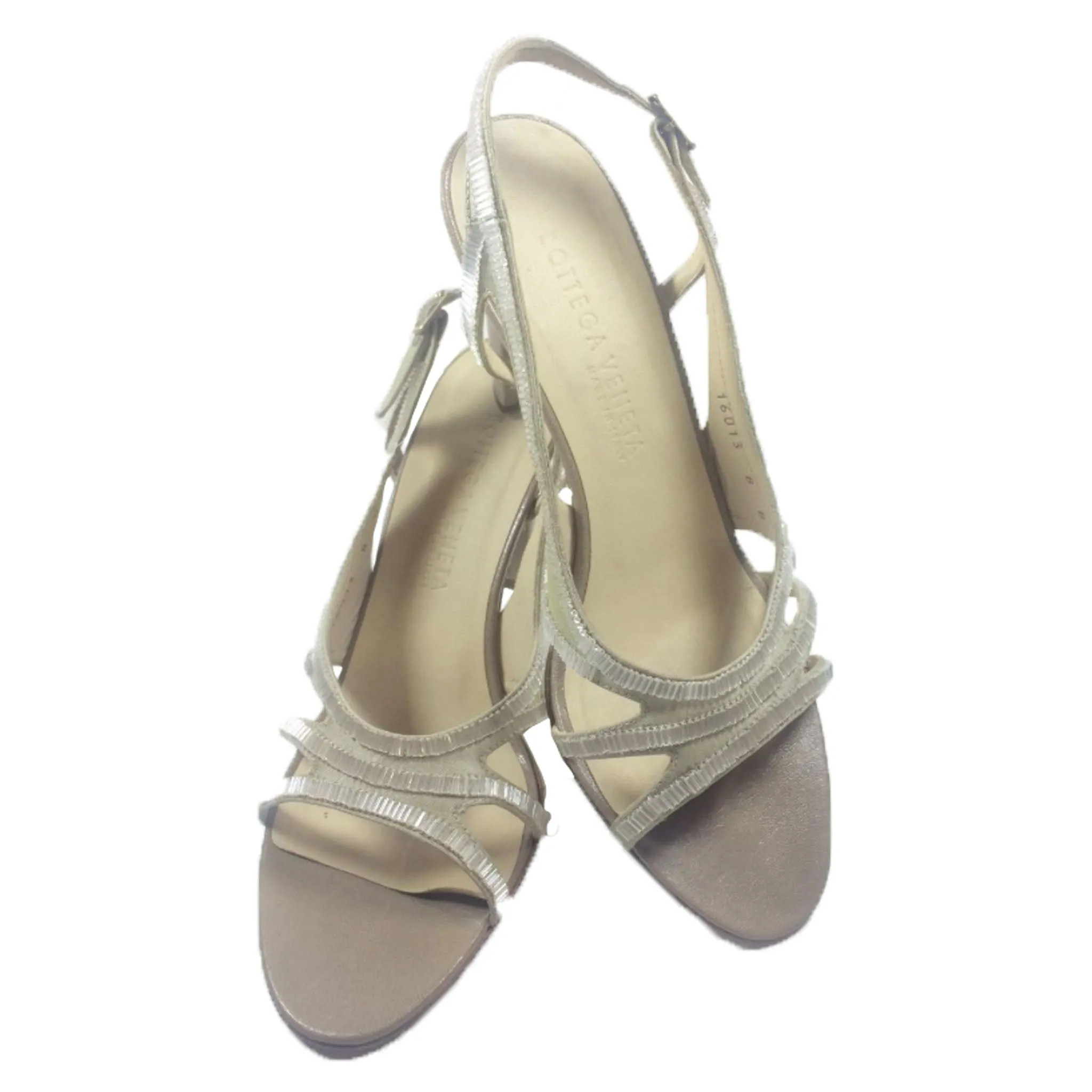 BOTTEGA VENETA Taupe Satin and Leather Beaded Slingback Heels Size 8