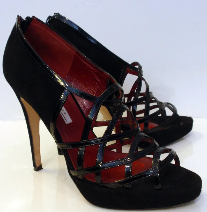 BRIAN ATWOOD Black Suede Open Toe Criss Cross Design Platforms Size 8