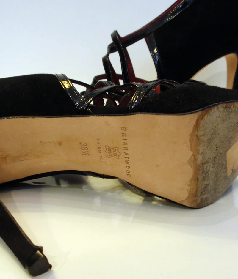 BRIAN ATWOOD Black Suede Open Toe Criss Cross Design Platforms Size 8