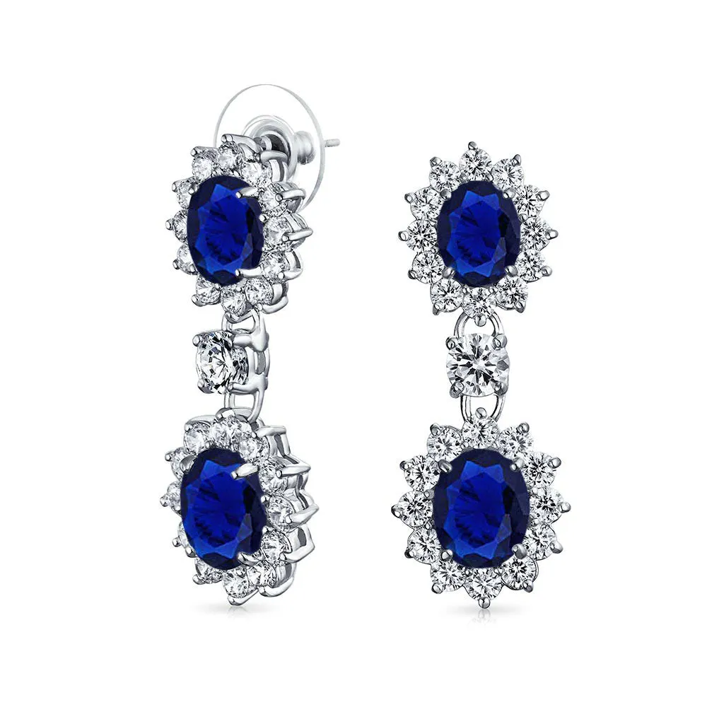 Bridal Halo Blue Sapphire CZ Statement Necklace Chandelier Earrings Jewelry Set