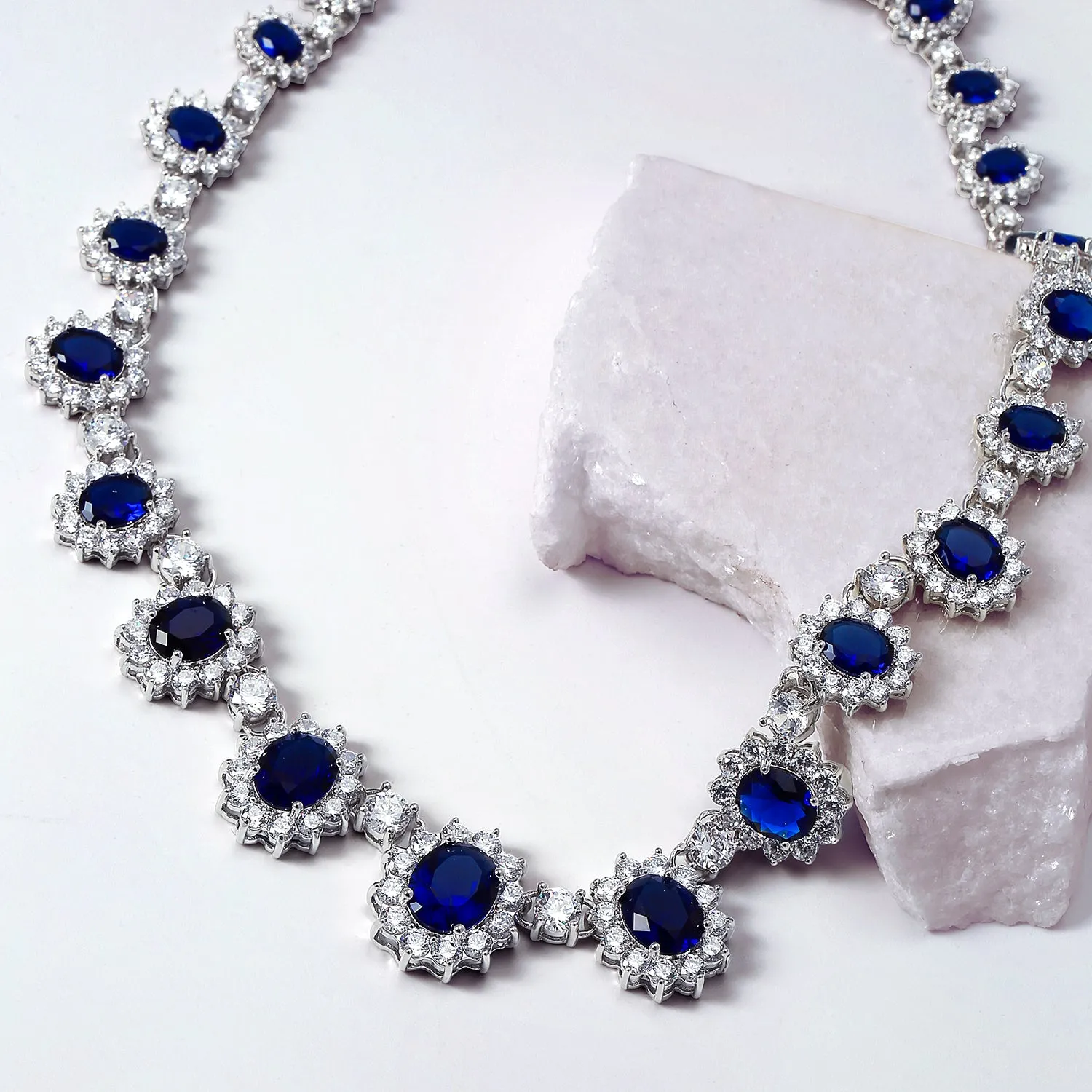 Bridal Halo Blue Sapphire CZ Statement Necklace Chandelier Earrings Jewelry Set