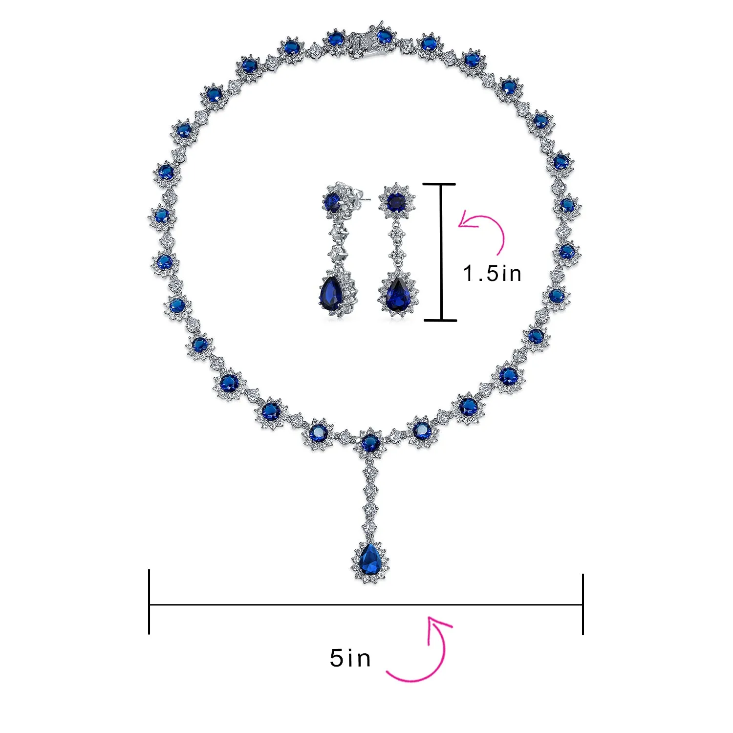 Bridal Halo Blue Sapphire CZ Statement Necklace Chandelier Earrings Jewelry Set