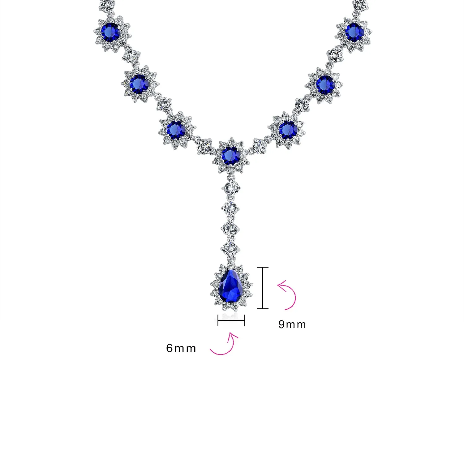 Bridal Halo Blue Sapphire CZ Statement Necklace Chandelier Earrings Jewelry Set