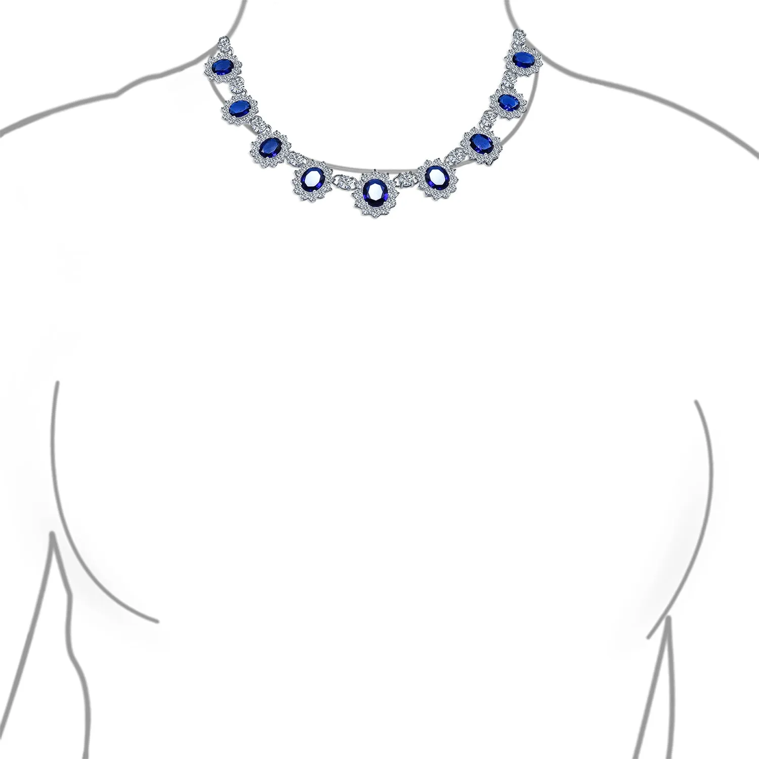 Bridal Halo Blue Sapphire CZ Statement Necklace Chandelier Earrings Jewelry Set