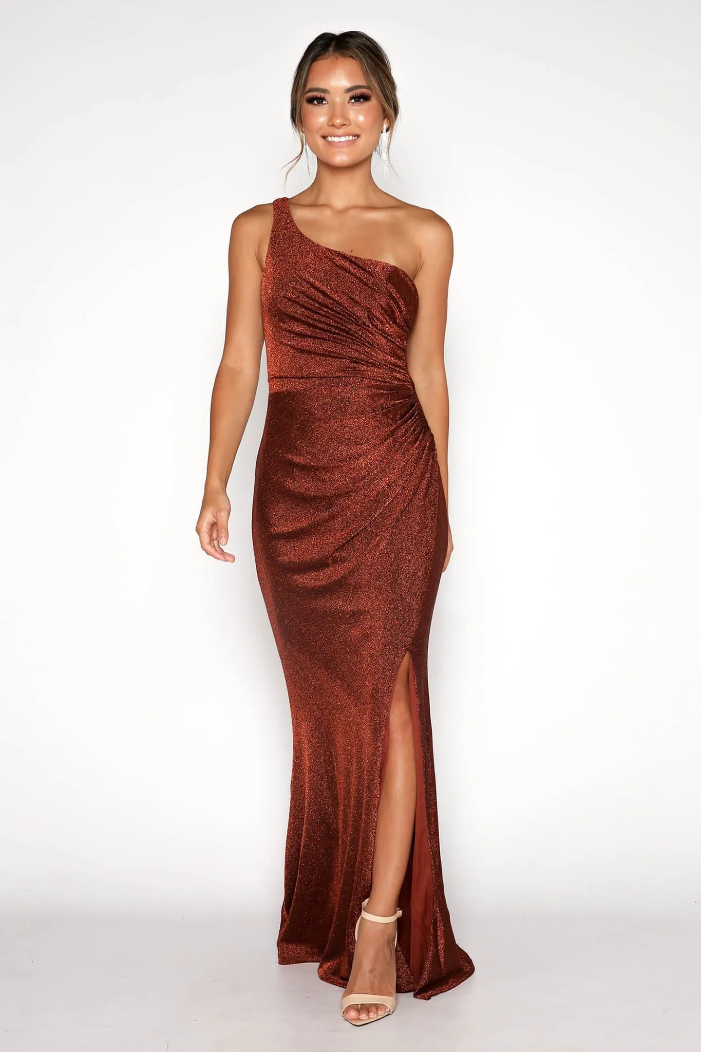 CALI One Shoulder Maxi Dress - Shimmer Copper