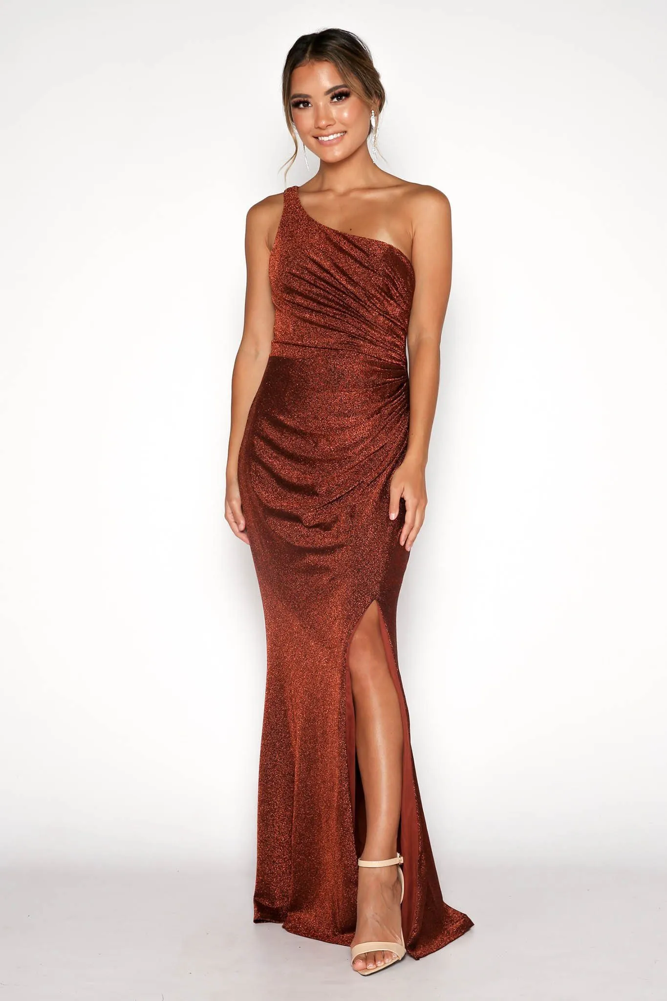 CALI One Shoulder Maxi Dress - Shimmer Copper