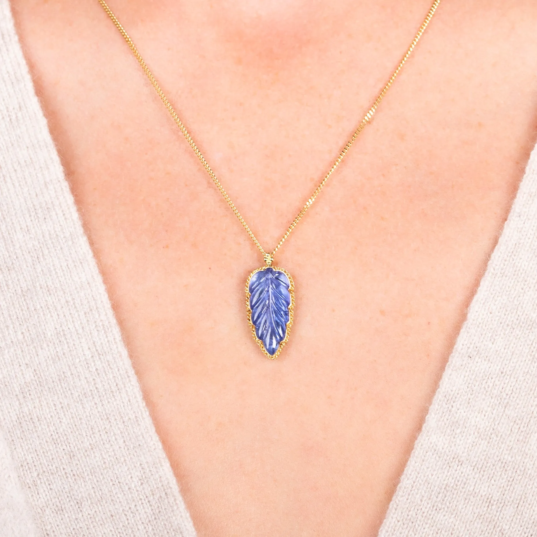 Carved Tanzanite Leaf Necklace