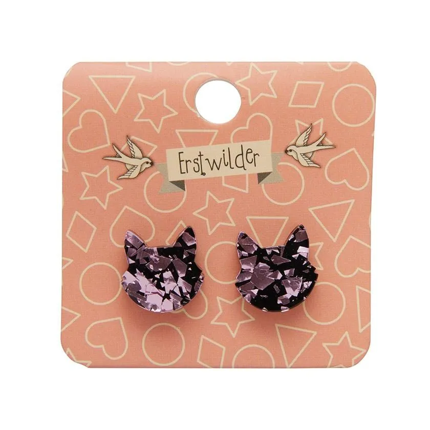 Cat Head Chunky Glitter Resin Stud Earrings - Pink