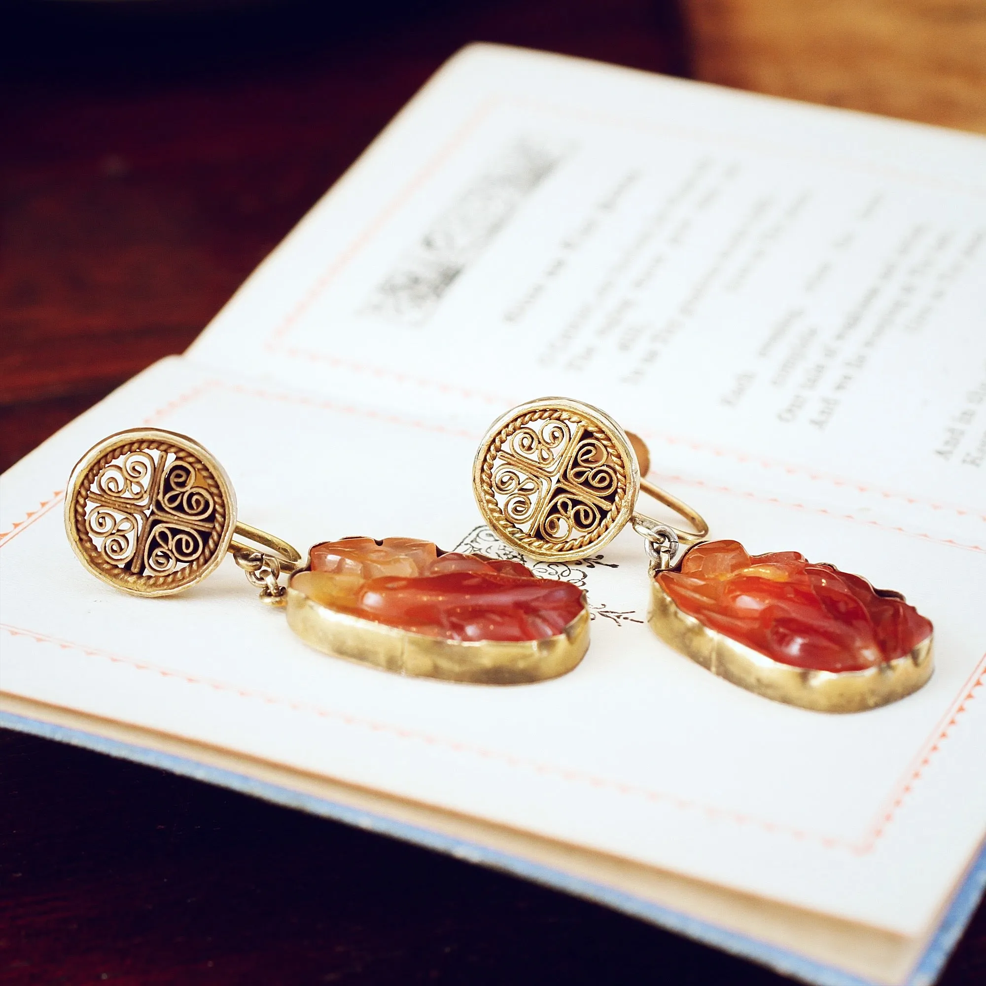 Chinese Export Carved Carnelian Filigree Earrings