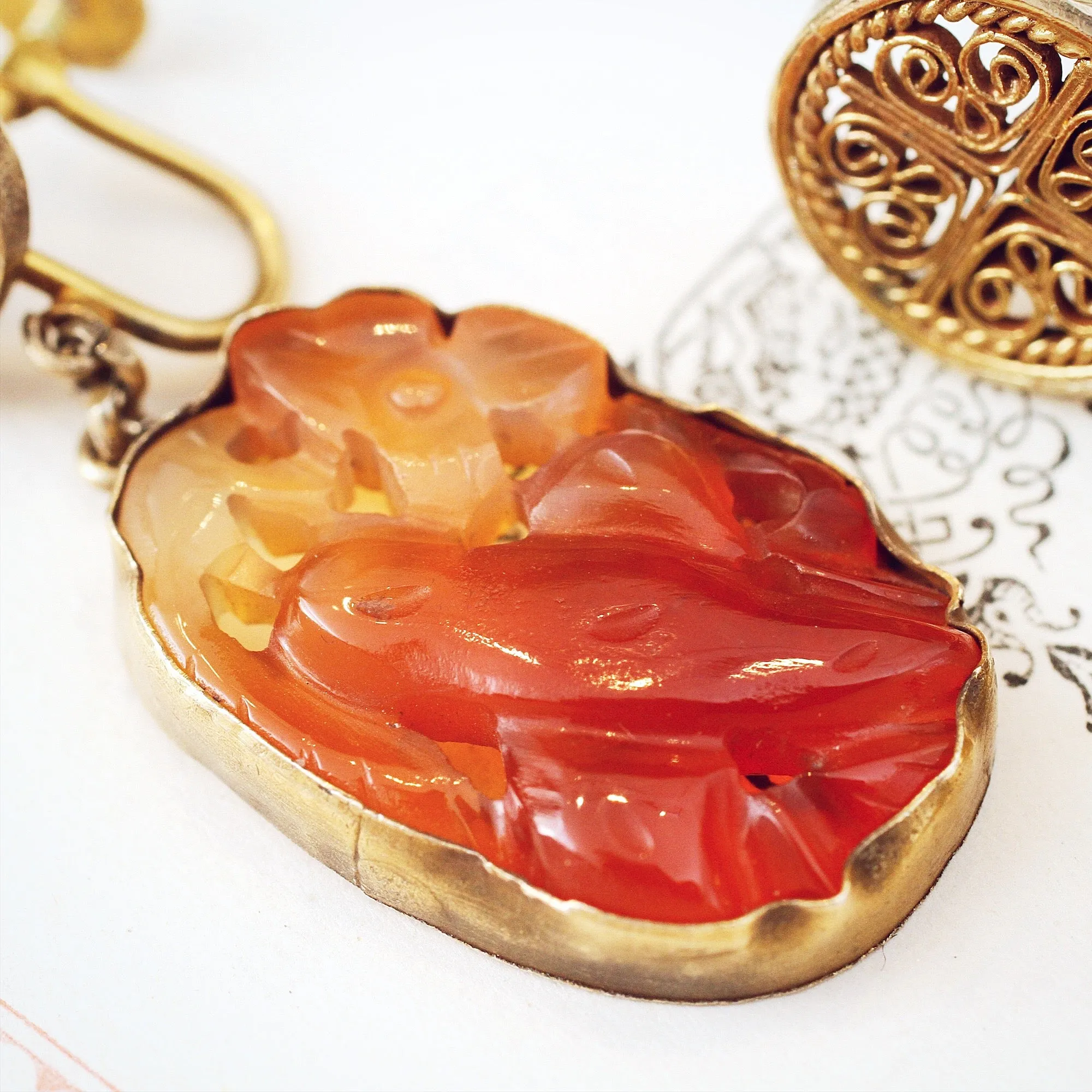 Chinese Export Carved Carnelian Filigree Earrings