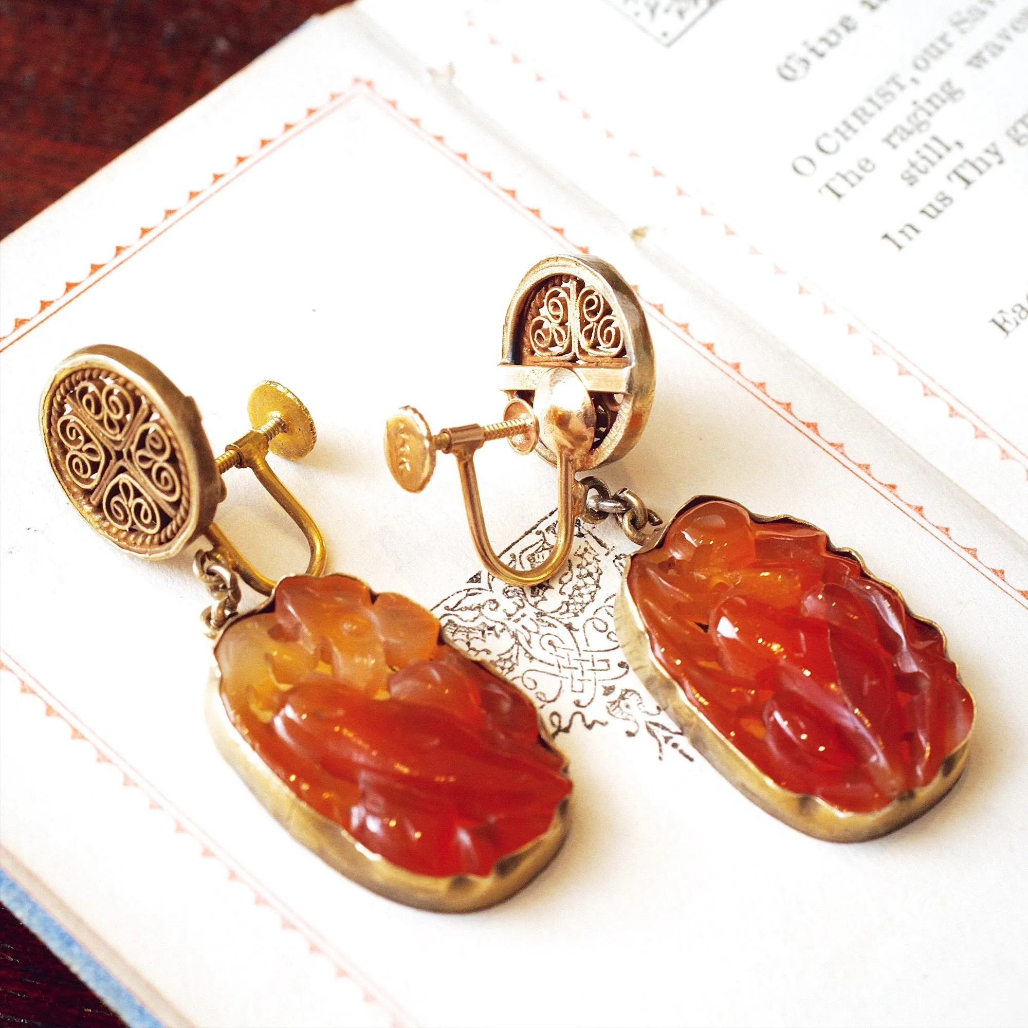 Chinese Export Carved Carnelian Filigree Earrings