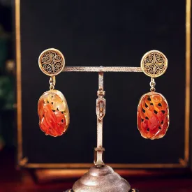 Chinese Export Carved Carnelian Filigree Earrings