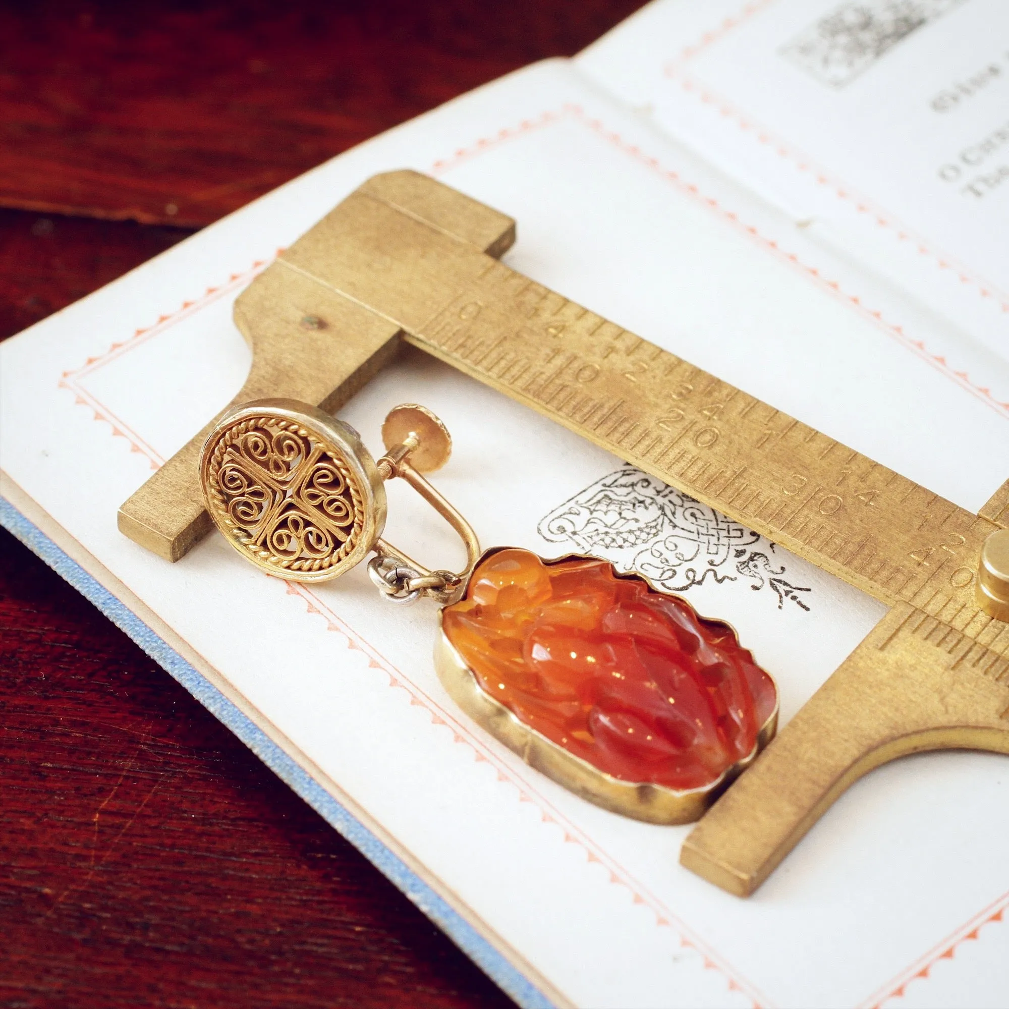 Chinese Export Carved Carnelian Filigree Earrings