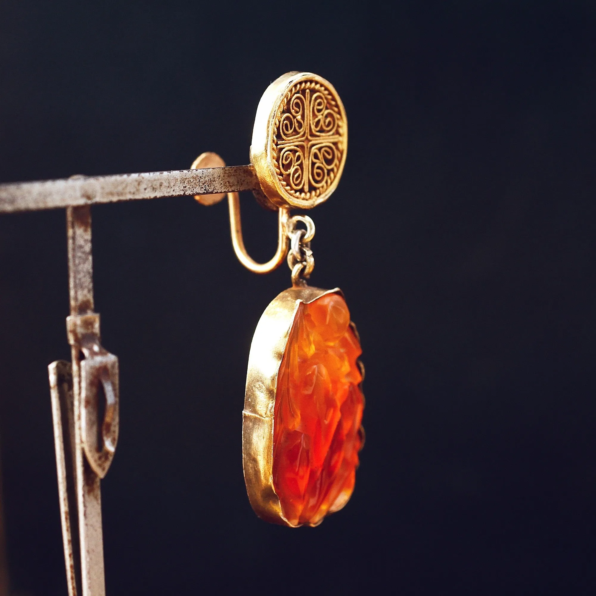 Chinese Export Carved Carnelian Filigree Earrings