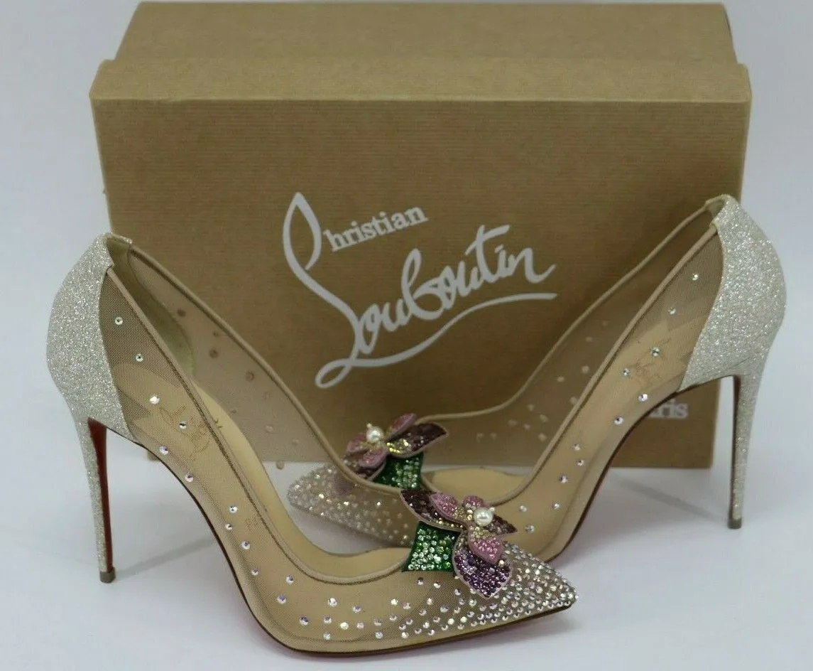 Christian Louboutin Feerica 100 Crystal-flower Embellished Pumps Nude Sz 39.5/9