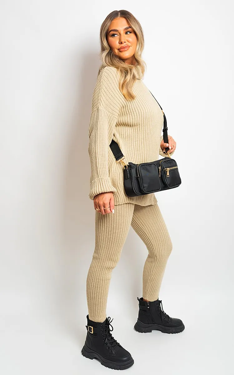 Chunky Knitted High Roll Neck Top Bottom Co-ord Set