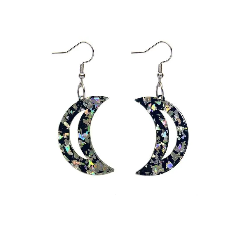 Crescent Moon Chunky Glitter Resin Drop Earrings - Holographic Silver