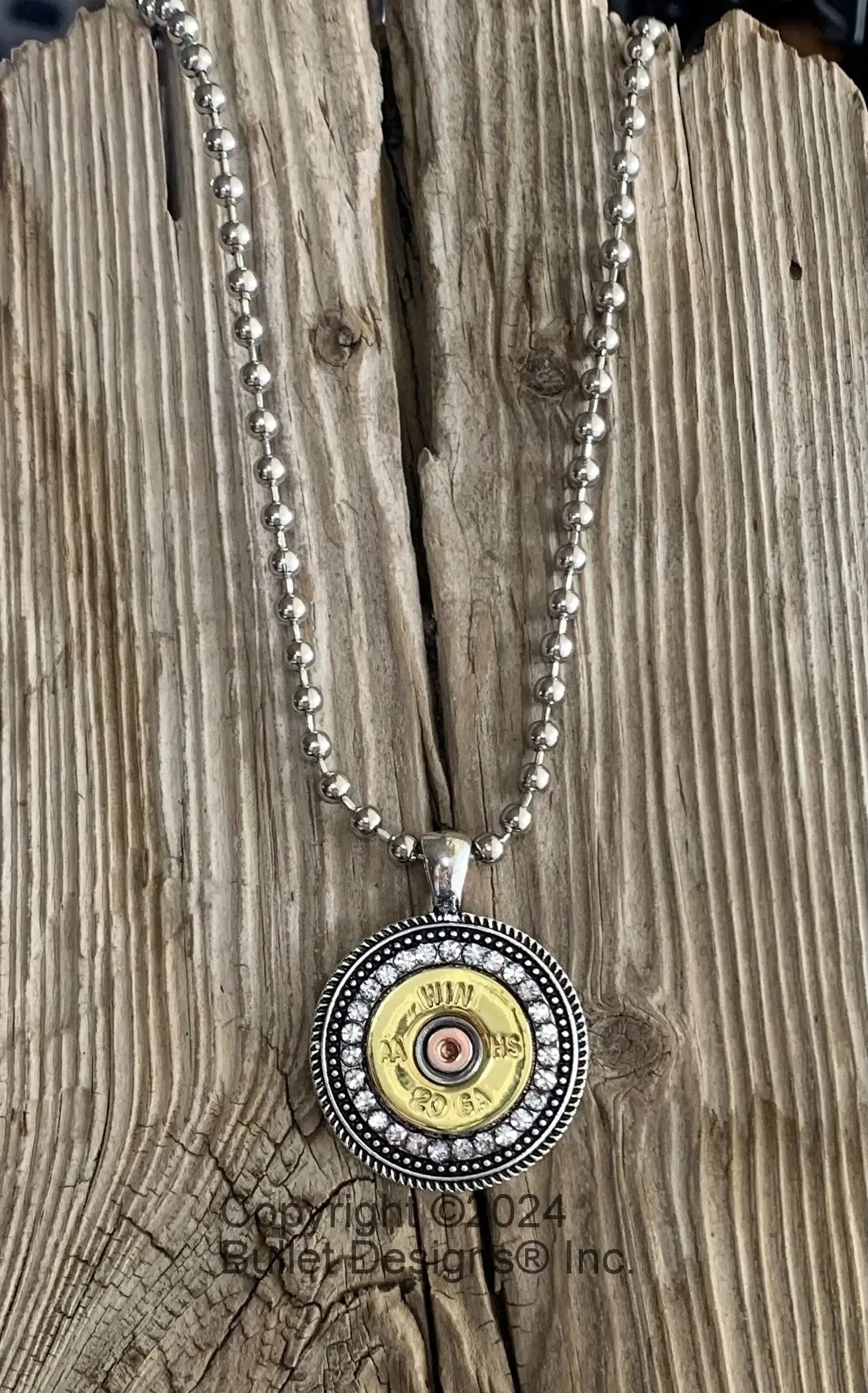 Custom 20 Gauge Rhinestone Shotgun Shell Bullet Necklace, Antique Silver, Mixed Metal, Pendant is 1 1/4" in diameter, Real 20 gauge shell