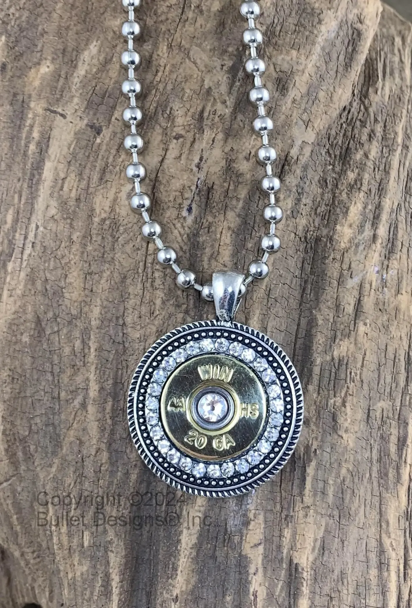 Custom 20 Gauge Rhinestone Shotgun Shell Bullet Necklace, Antique Silver, Mixed Metal, Pendant is 1 1/4" in diameter, Real 20 gauge shell