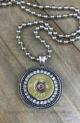 Custom 20 Gauge Rhinestone Shotgun Shell Bullet Necklace, Antique Silver, Mixed Metal, Pendant is 1 1/4" in diameter, Real 20 gauge shell