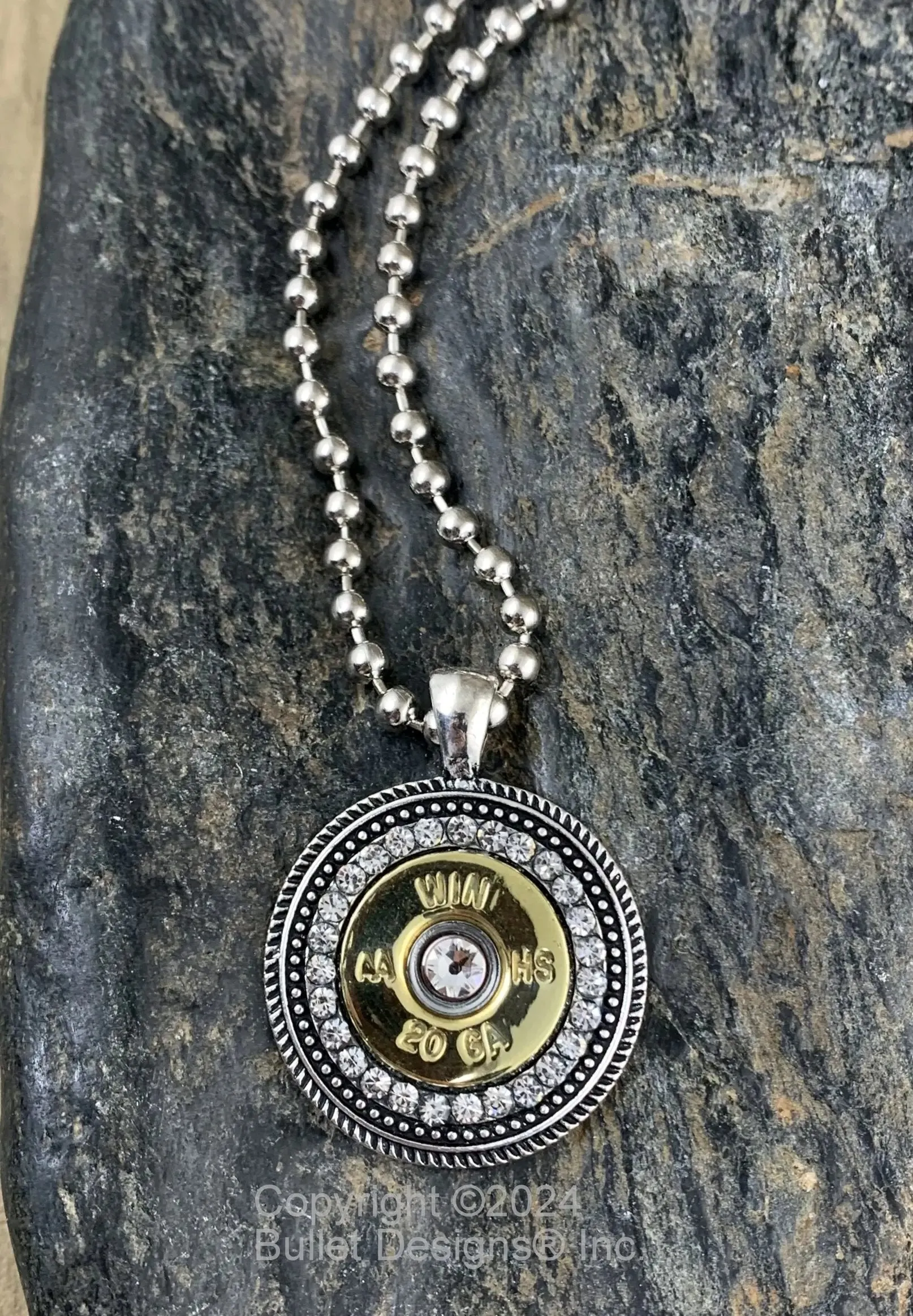 Custom 20 Gauge Rhinestone Shotgun Shell Bullet Necklace, Antique Silver, Mixed Metal, Pendant is 1 1/4" in diameter, Real 20 gauge shell