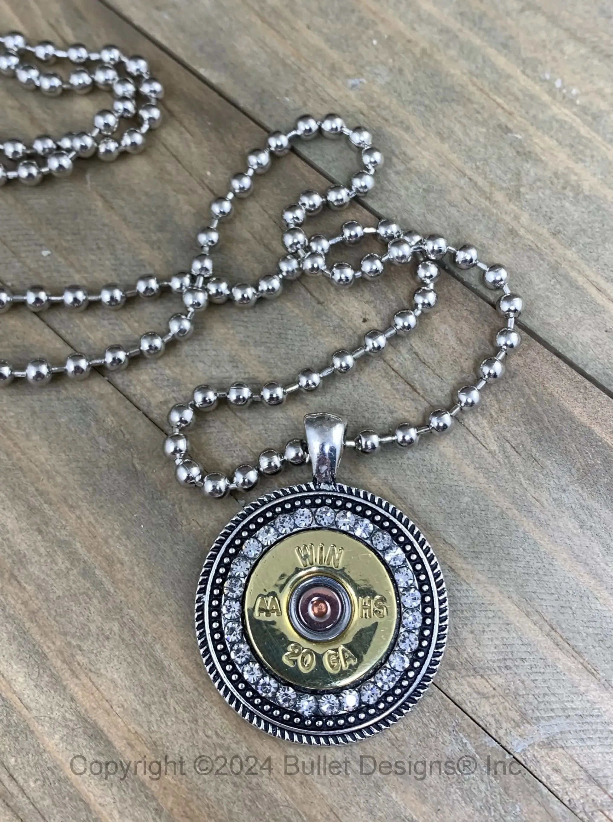 Custom 20 Gauge Rhinestone Shotgun Shell Bullet Necklace, Antique Silver, Mixed Metal, Pendant is 1 1/4" in diameter, Real 20 gauge shell