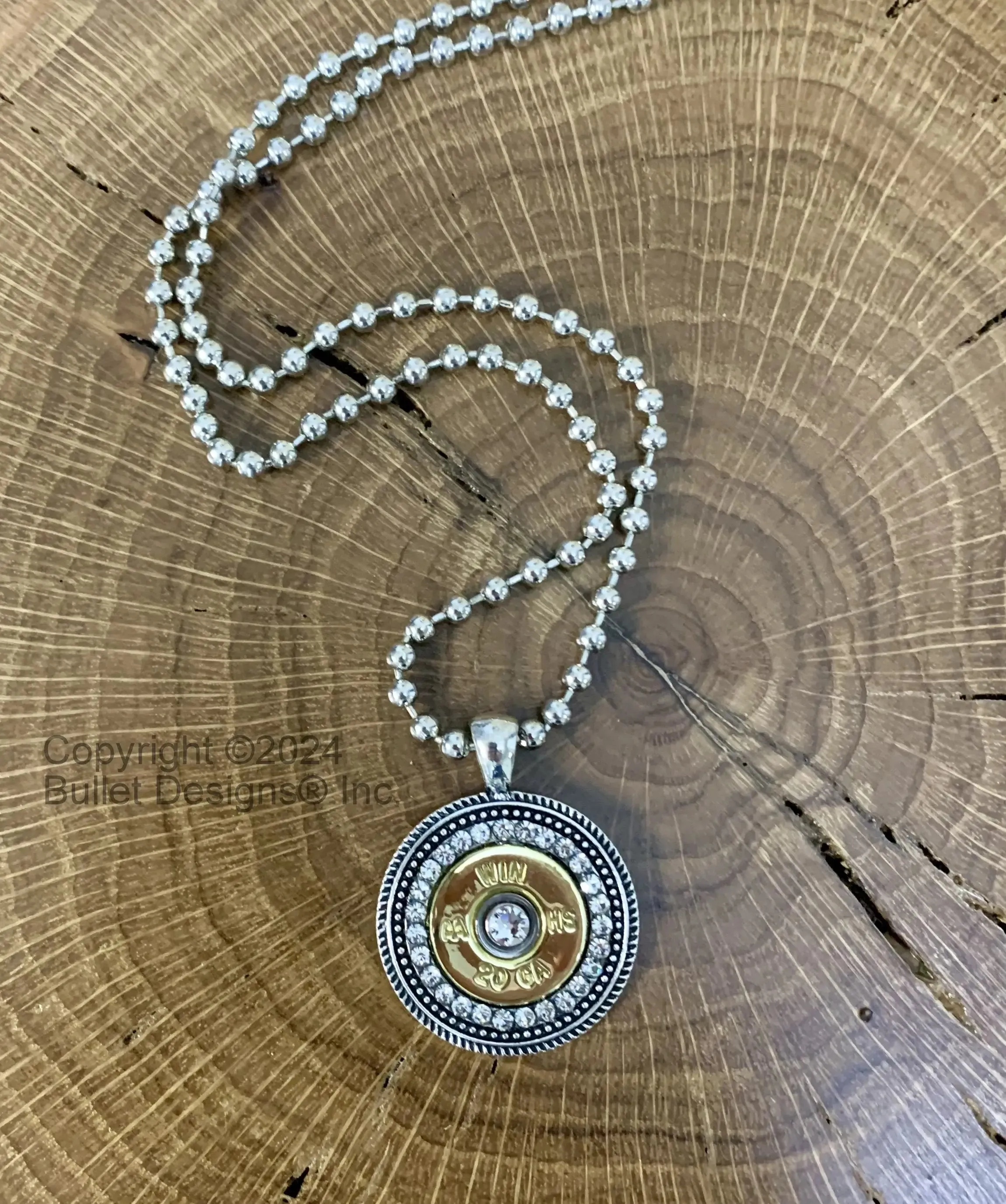 Custom 20 Gauge Rhinestone Shotgun Shell Bullet Necklace, Antique Silver, Mixed Metal, Pendant is 1 1/4" in diameter, Real 20 gauge shell