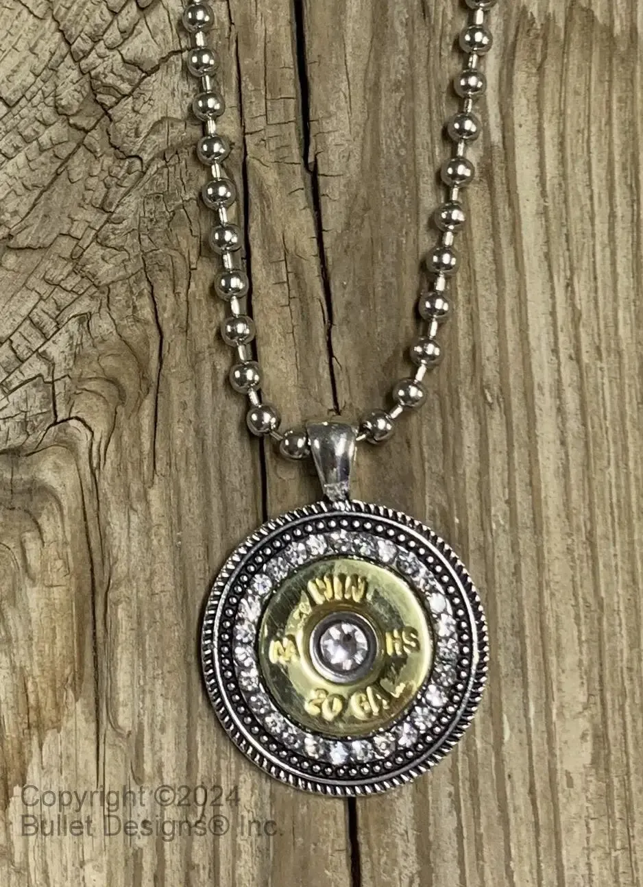 Custom 20 Gauge Rhinestone Shotgun Shell Bullet Necklace, Antique Silver, Mixed Metal, Pendant is 1 1/4" in diameter, Real 20 gauge shell