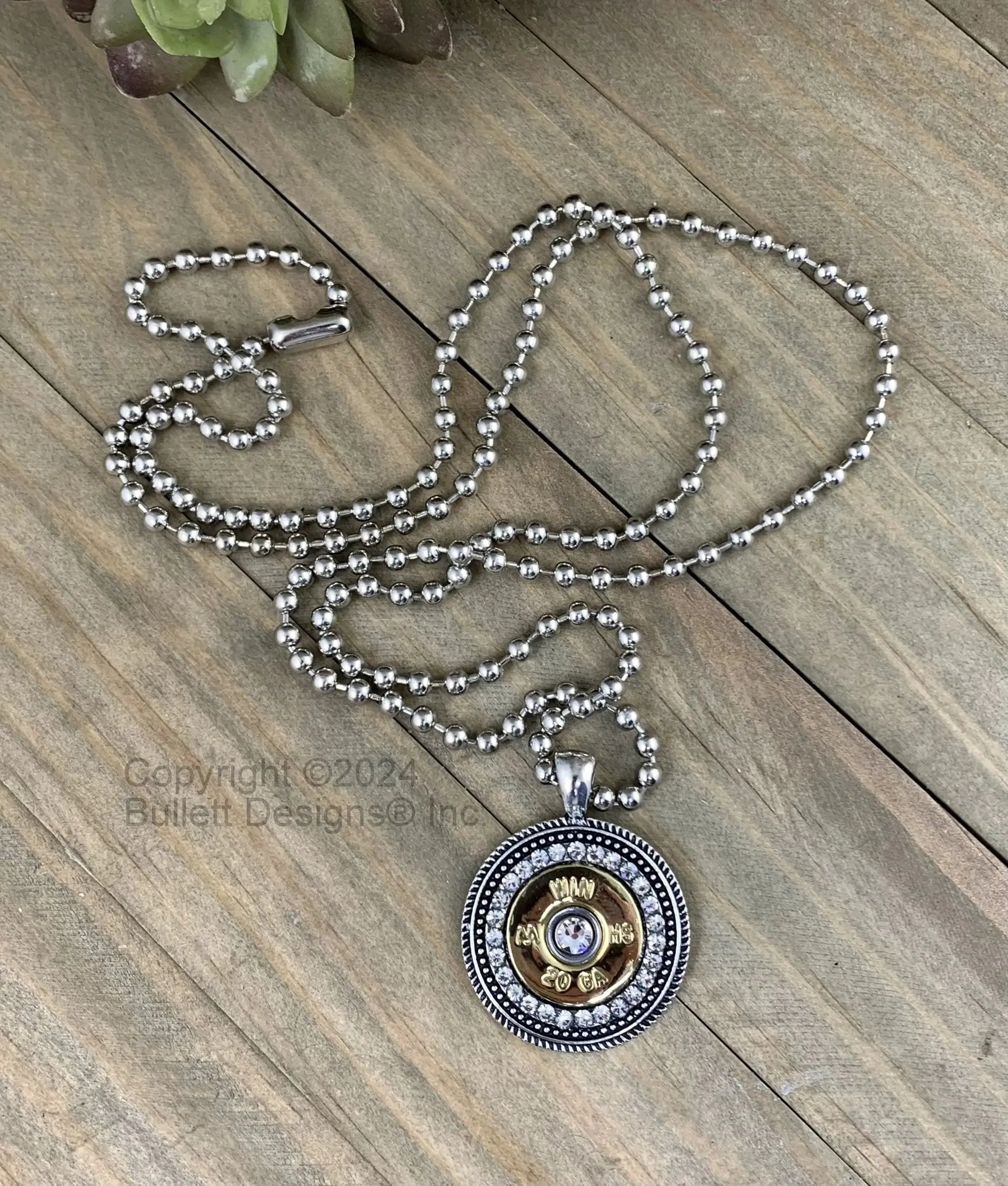 Custom 20 Gauge Rhinestone Shotgun Shell Bullet Necklace, Antique Silver, Mixed Metal, Pendant is 1 1/4" in diameter, Real 20 gauge shell