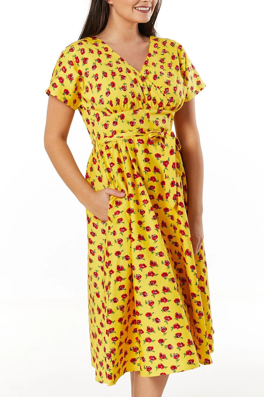 Darcey V Neck Dress Wrap Yellow and roses floral