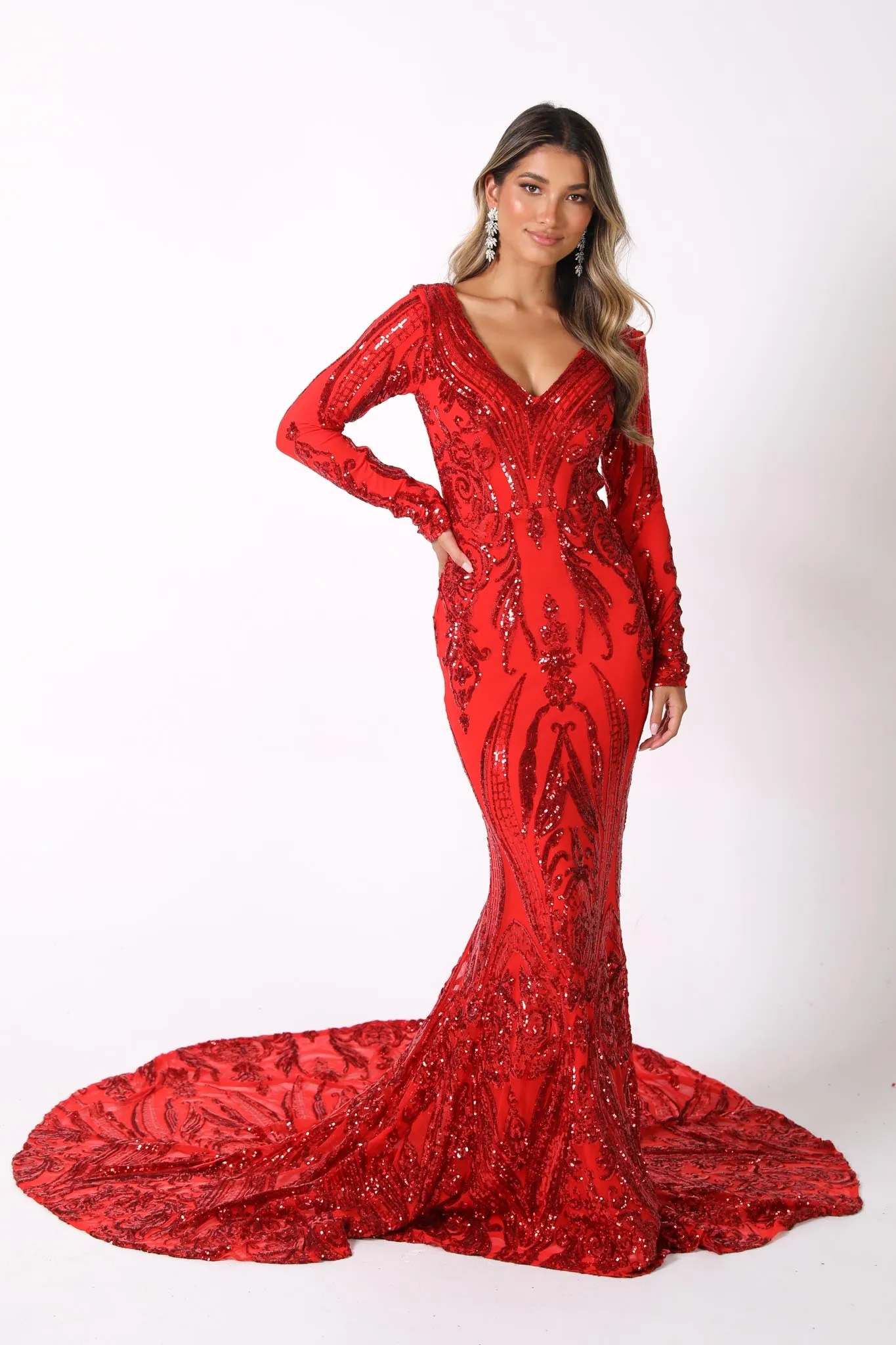 Elena Long-Sleeve Pattern Sequin Gown - Red