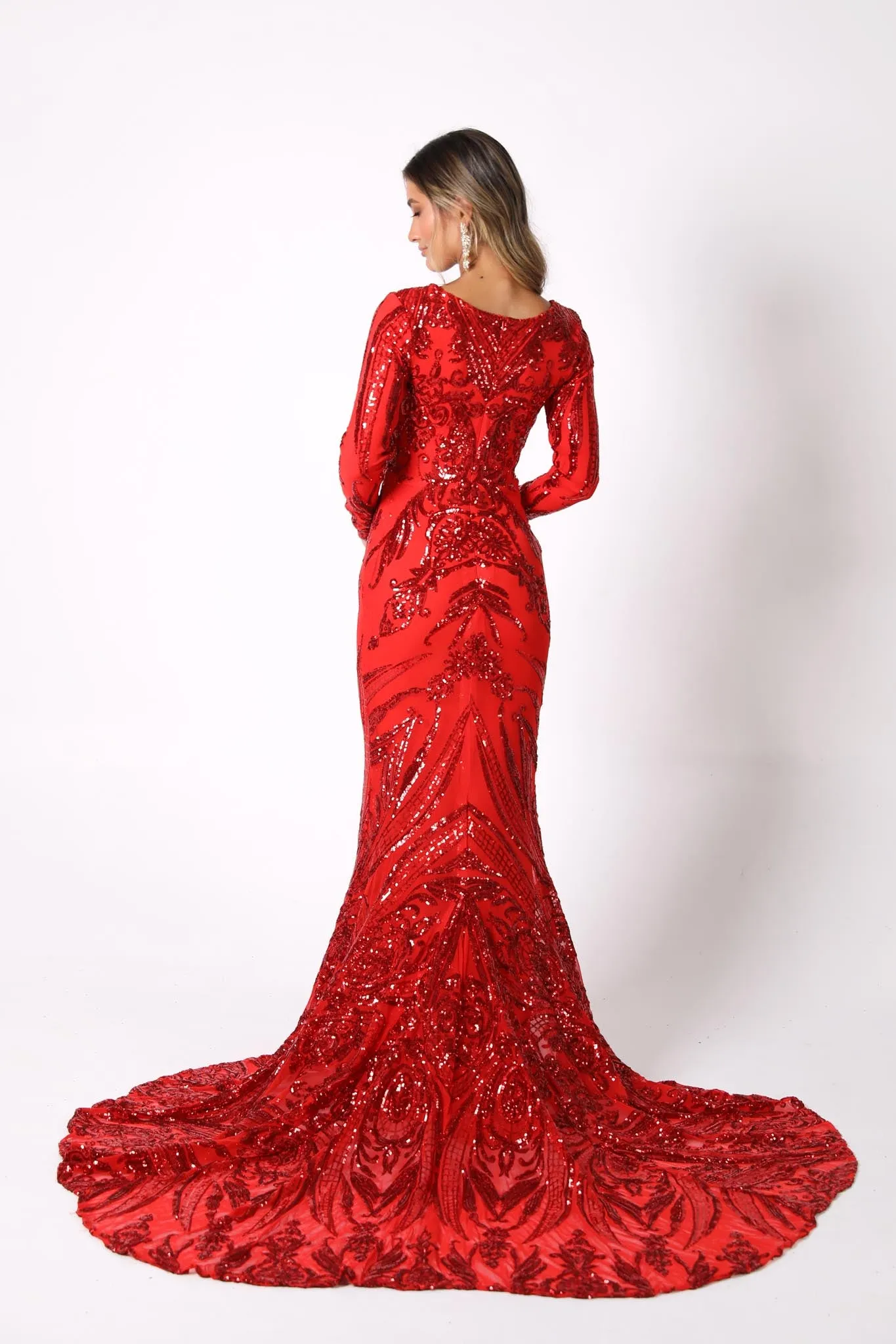 Elena Long-Sleeve Pattern Sequin Gown - Red