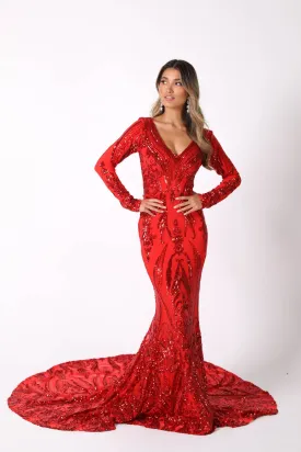 Elena Long-Sleeve Pattern Sequin Gown - Red