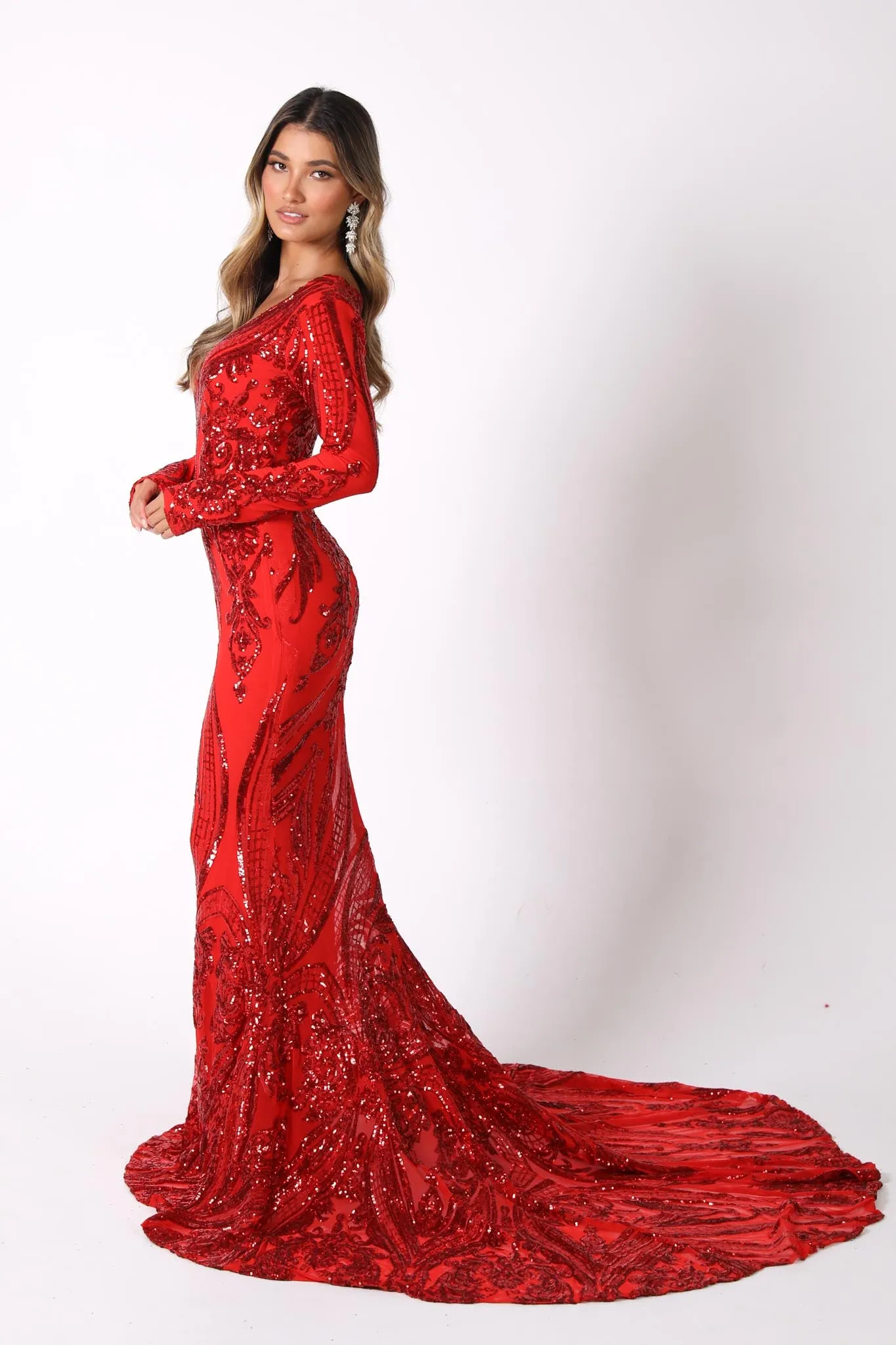 Elena Long-Sleeve Pattern Sequin Gown - Red