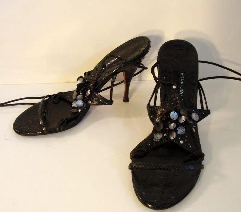 EMANUEL UNGARO Snake Skin Star High Heel Sandals with Ankle Strap Size 7 1/2