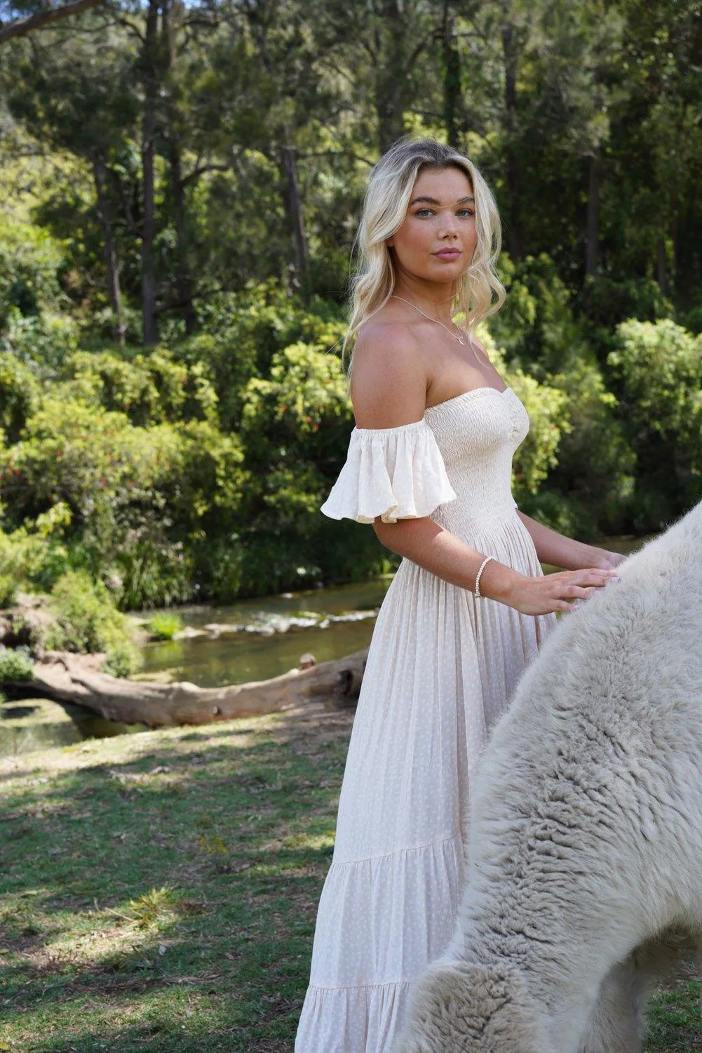 Eva Bandeau High Low dress in Cream Polka Dot