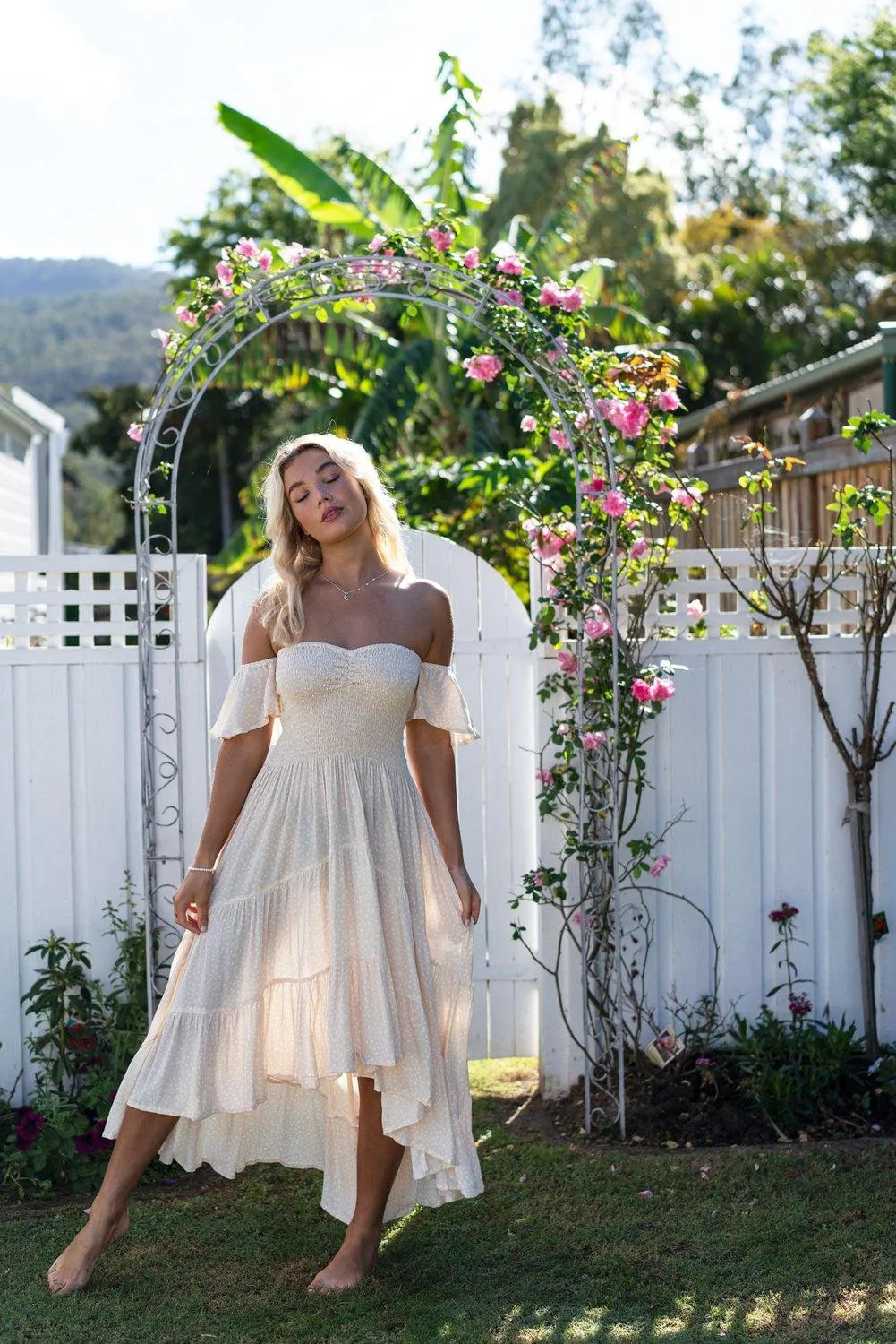 Eva Bandeau High Low dress in Cream Polka Dot