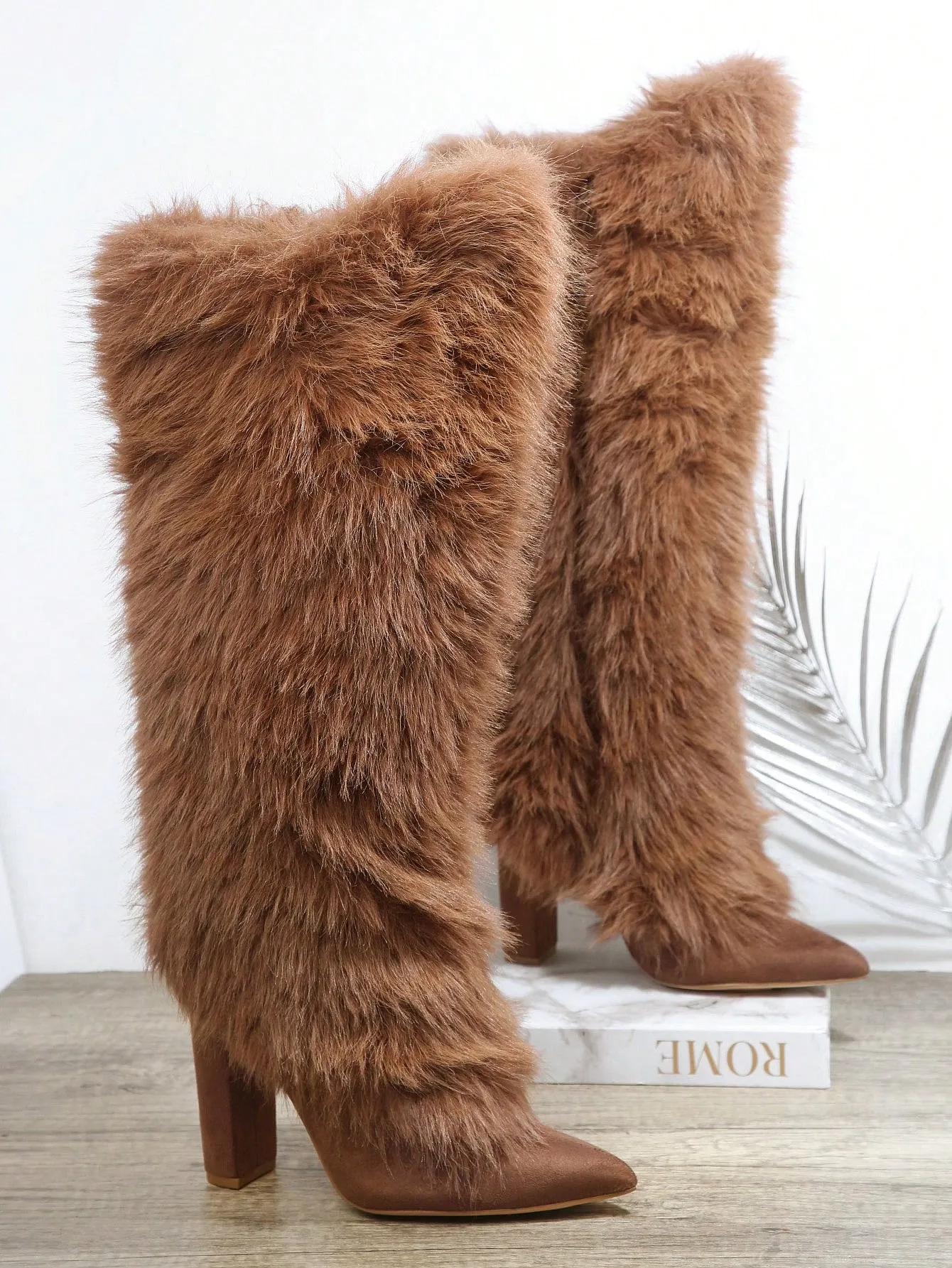 Faux Fur Point Toe Chunky Heeled Boots