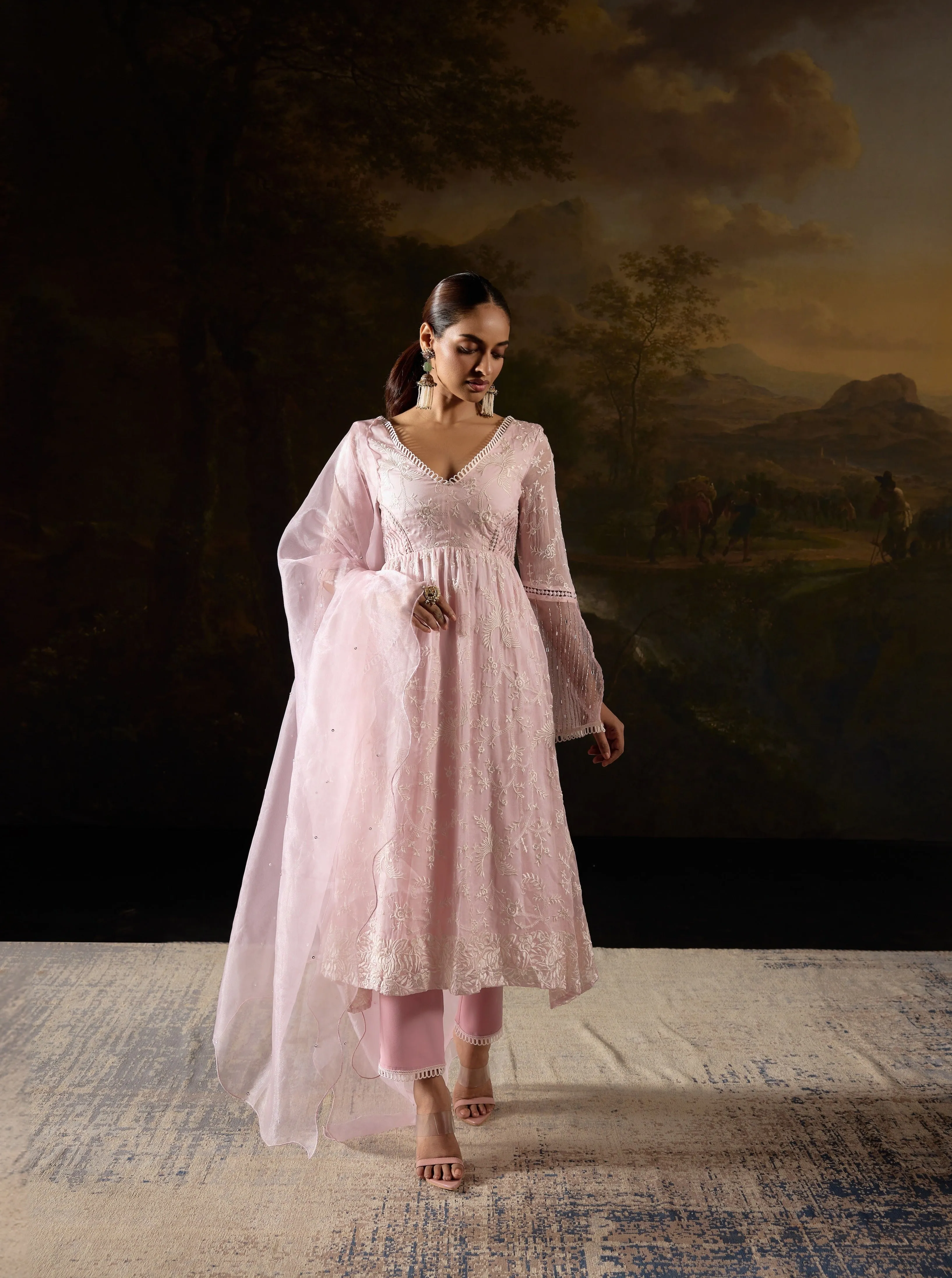 Fazeen Baby Pink Embroidered Organza Anarkali Kurta Set