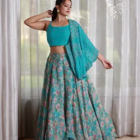 Ferozi Blue Embroidered Lehenga Set