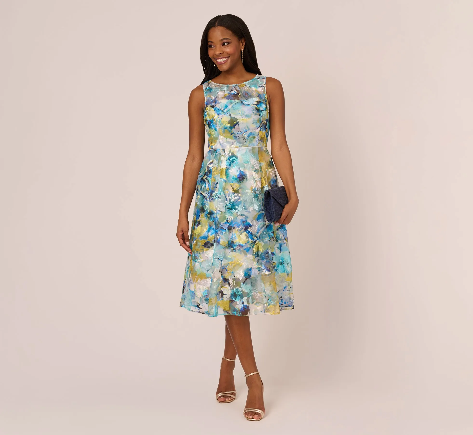 Floral Print Sleeveless Midi Dress With Sheer Neckline In Blue Ivory Multi