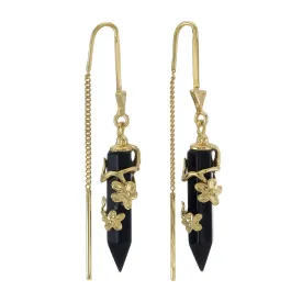 FLOWERING VINE PULL THROUGH EARRINGS - BLACK ONYX - GOLD