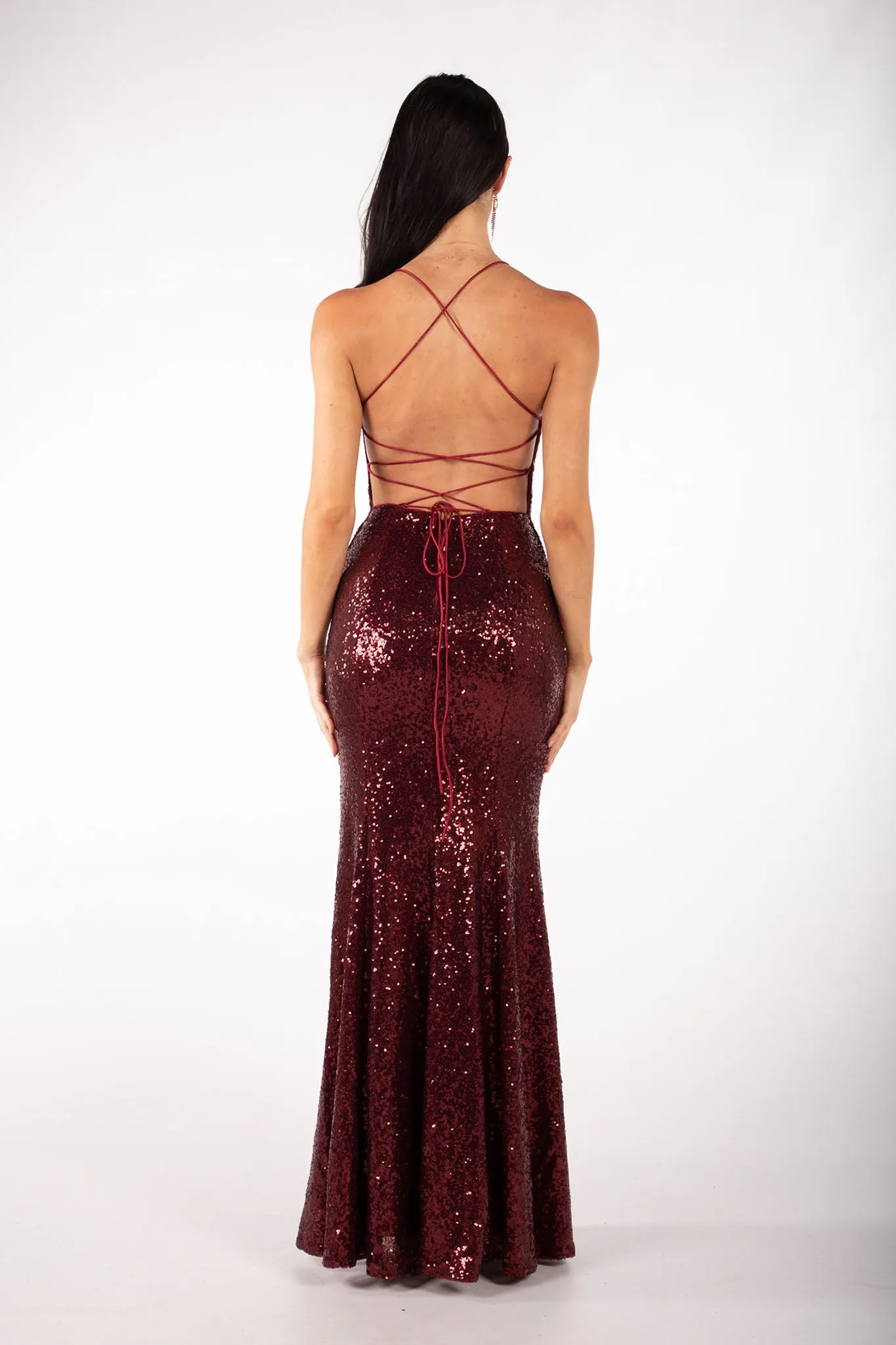 Fresia Lace Up Sequin Gown - Burgundy