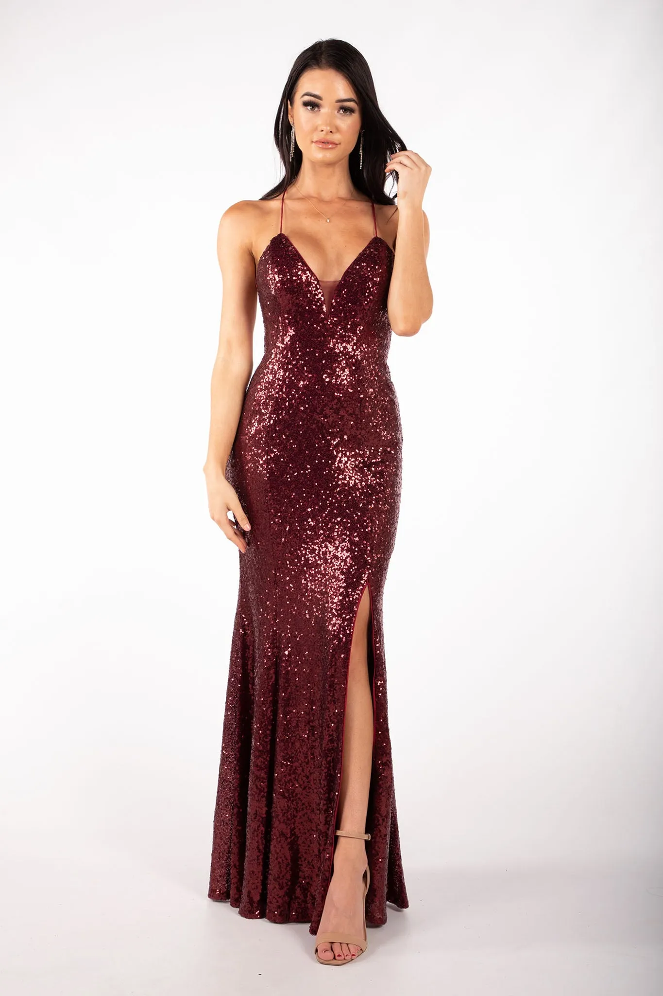 Fresia Lace Up Sequin Gown - Burgundy