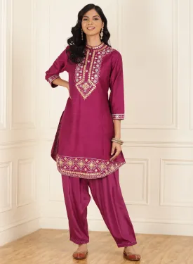 Fuchsia Embroidered Party Wear Kurta Set with Mirror Work