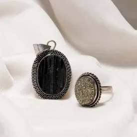 Gems Of Prosperity ( Pyrite Geode ring & Black Tourmaline Pendant (Without Chain) )