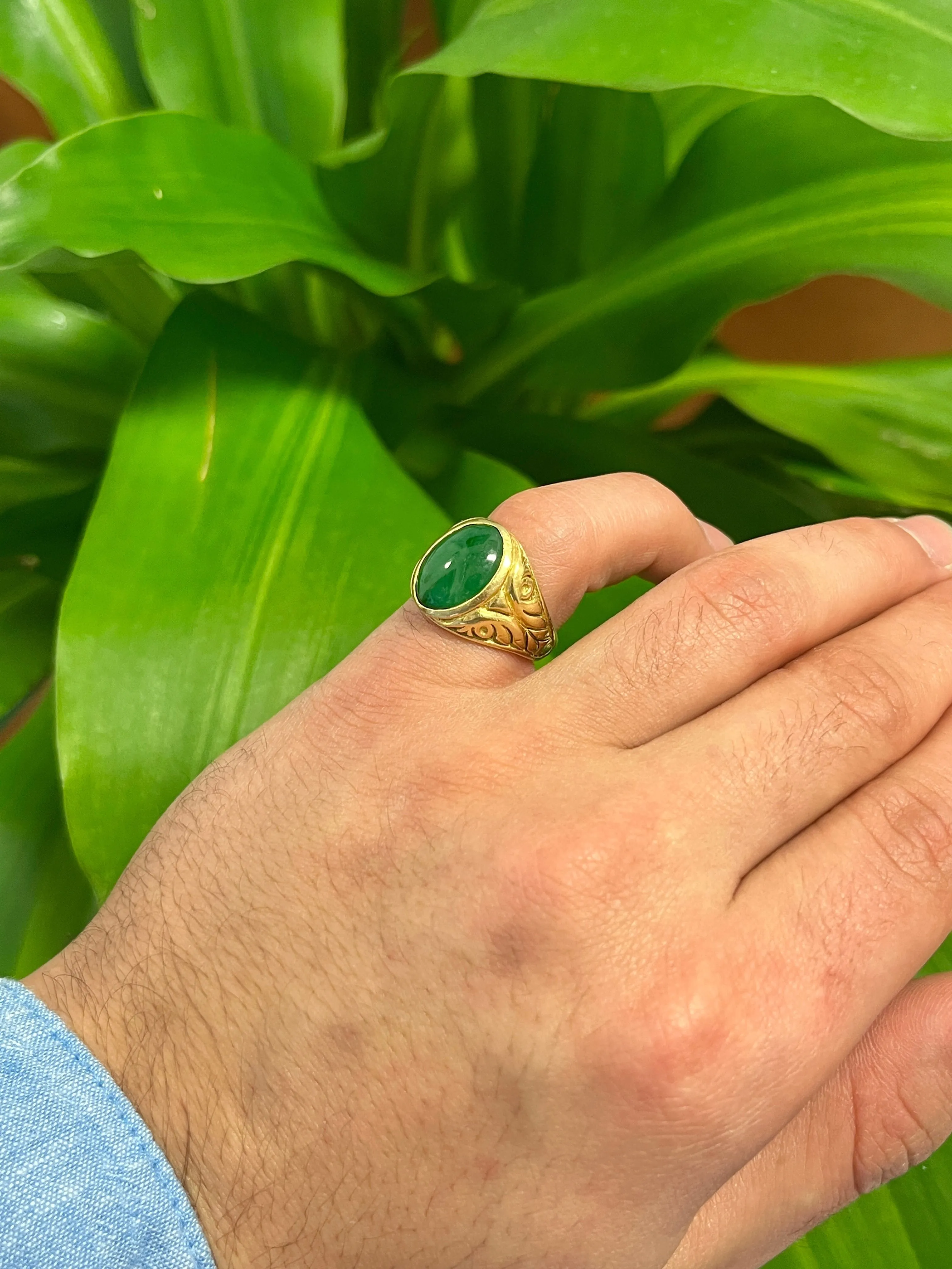 Grade A Jadeite Jade in 22K Carved Gold Solitaire Bezel Set Unisex Ring