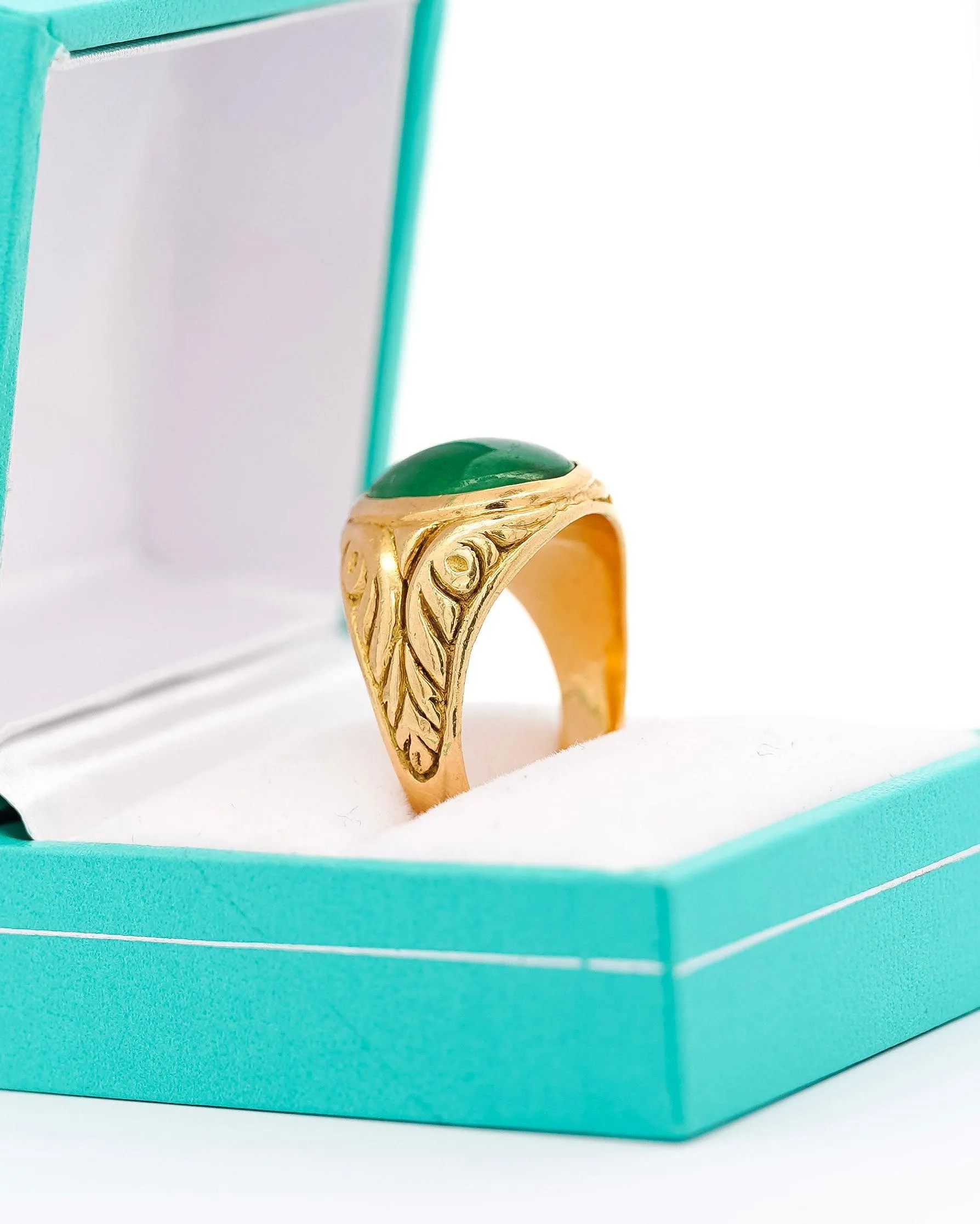 Grade A Jadeite Jade in 22K Carved Gold Solitaire Bezel Set Unisex Ring