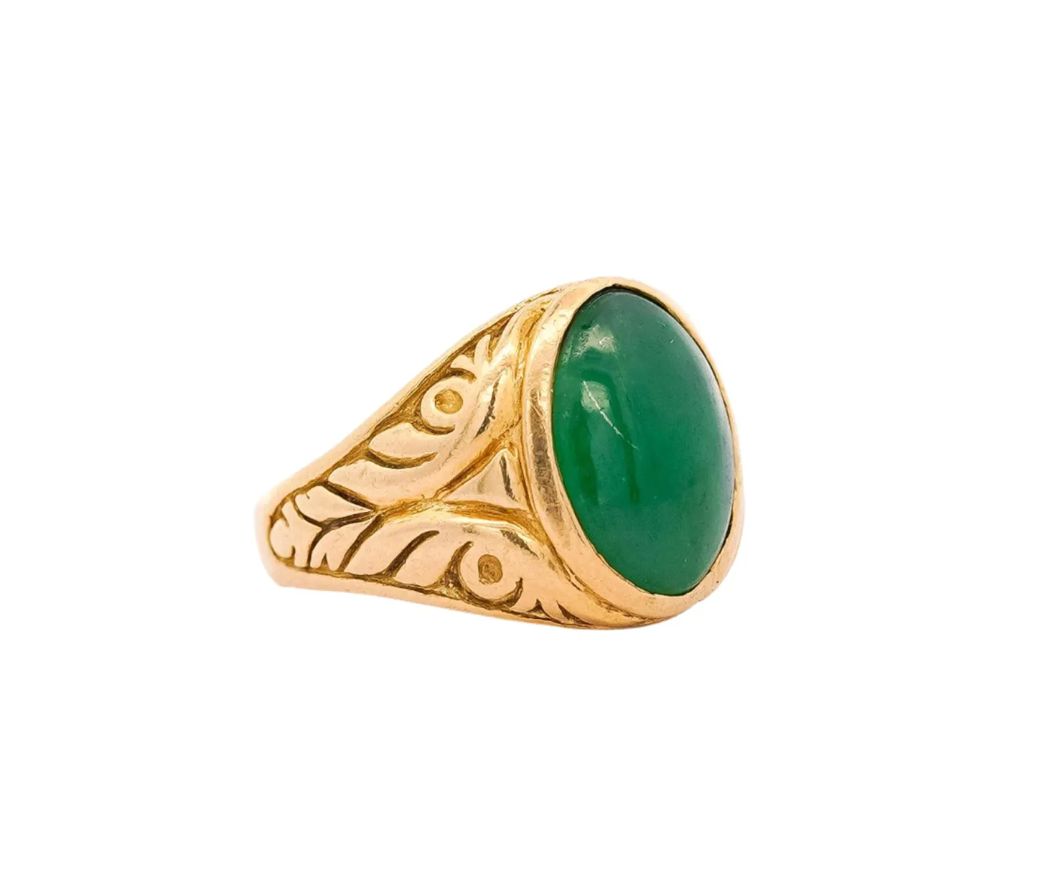 Grade A Jadeite Jade in 22K Carved Gold Solitaire Bezel Set Unisex Ring